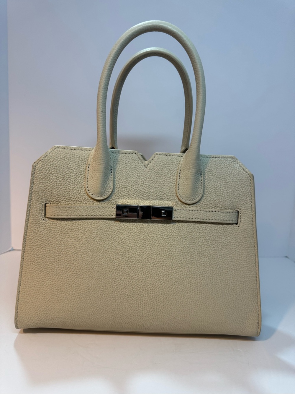 Cream Top Grain Leather Structured Satchel Crossbody Bag